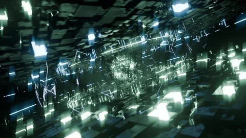 A geometric luminous sphere surrounded by platforms and lights in an abstra.. Stock Footage 296831679