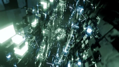 A geometric luminous sphere surrounded by platforms and lights in an abstra.. Stock Footage 296832636
