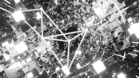 A geometric luminous sphere surrounded by platforms and lights in an abstra.. Stock Footage 296839548