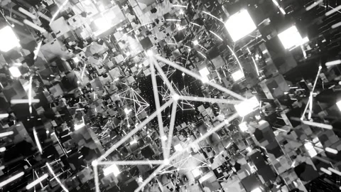 A geometric luminous sphere surrounded by platforms and lights in an abstra.. Stock Footage 296839558