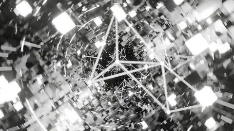 A geometric luminous sphere surrounded by platforms and lights in an abstra.. Stock Footage 296839818