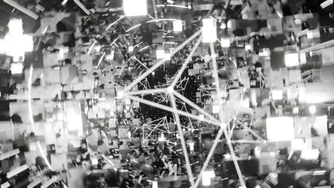 A geometric luminous sphere surrounded by platforms and lights in an abstra.. Stock Footage 296840271