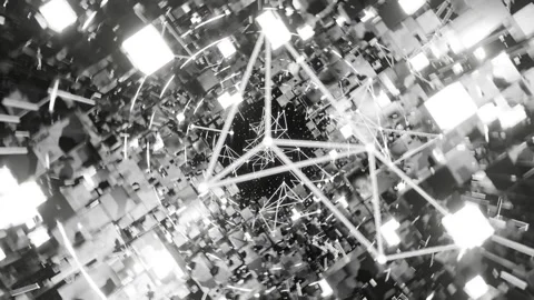 A geometric luminous sphere surrounded by platforms and lights in an abstra.. Stock Footage 296840326