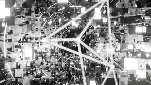 A geometric luminous sphere surrounded by platforms and lights in an abstra.. Stock Footage 296840629
