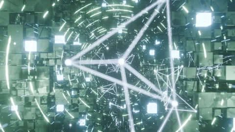 A geometric luminous sphere surrounded by platforms and lights in an abstra.. Stock Footage 296840751