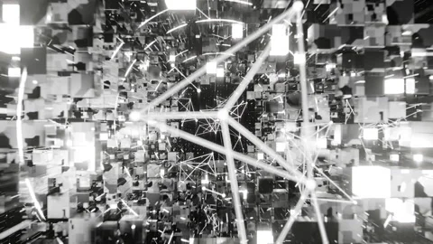 A geometric luminous sphere surrounded by platforms and lights in an abstra.. Stock Footage 296840974