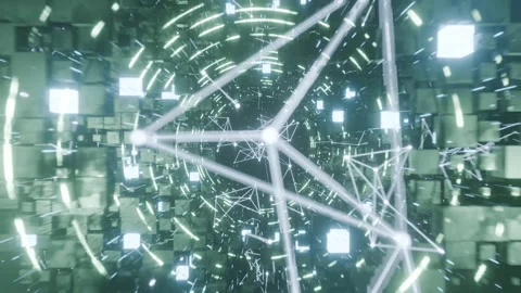 A geometric luminous sphere surrounded by platforms and lights in an abstra.. Stock Footage 296841456