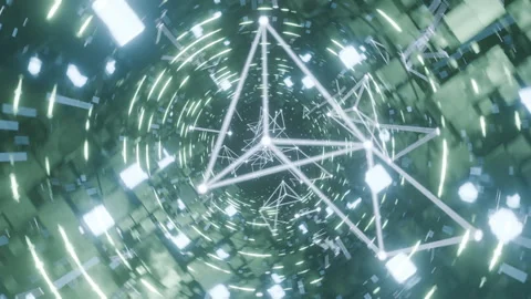 A geometric luminous sphere surrounded by platforms and lights in an abstra.. Stock Footage 296842199