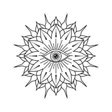 Geometric mandala with an all seeing eye at the center, surrounded by weird.. Stock Illustration