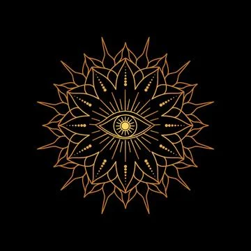 Geometric mandala with an all seeing eye at the center, surrounded by weird.. Stock Illustration