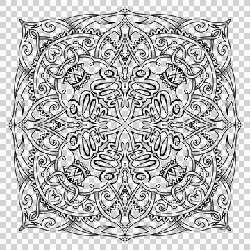 Geometric Mandala Pattern, Black Line Art Motif Design Stock Illustration