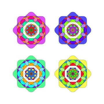 Geometric Mandala Pattern with Layered Shapes in Purple, Blue, Green and Ye.. Stock Illustration