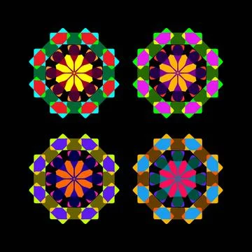 Geometric Mandala Pattern with Symmetrical Shapes in Green, Purple, Blue an.. Illustrazione stock