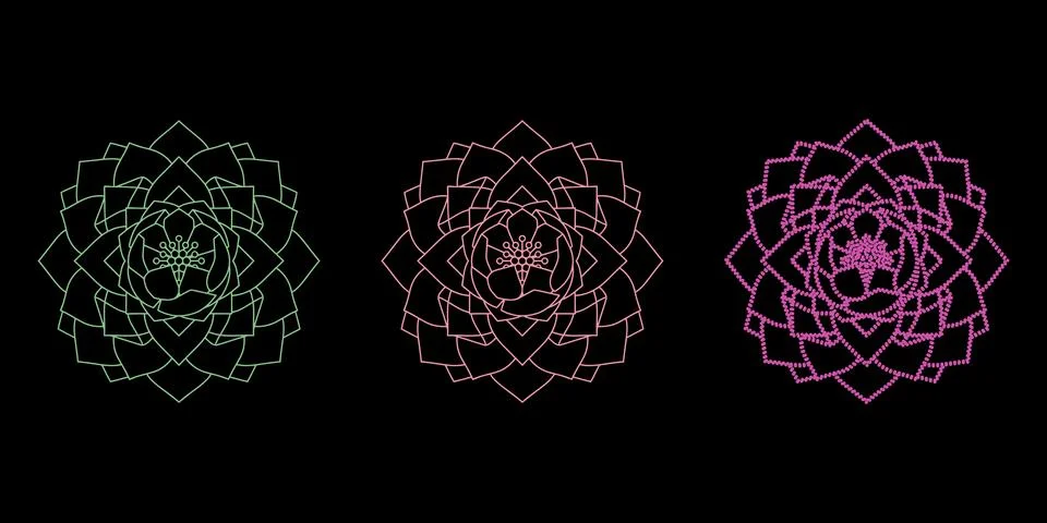 Geometric Mandala Patterns on Black Background Stock Illustration
