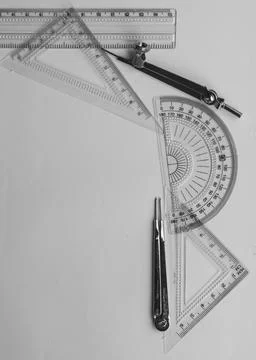 Geometric Measuring tools, Drawing items and mathematical instruments placed  Stock Photos