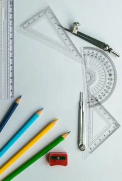 Geometric Measuring tools, Drawing items and mathematical instruments placed  Stock Photos
