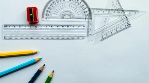 Geometric Measuring tools, Drawing items and mathematical instruments placed  Stock Photos