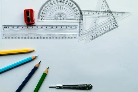 Geometric Measuring tools, Drawing items and mathematical instruments placed  Stock Photos