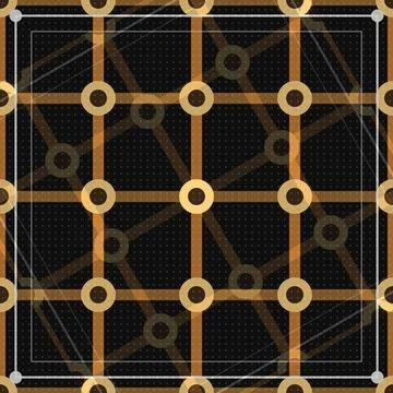 Geometric metal grid pattern with circular connectors on dark background Stock Illustration
