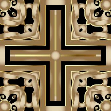 Geometric modern 3d seamless pattern. Gold and black vector tribal background Stock Illustration