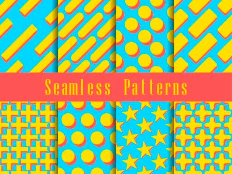 Geometric modern seamless pattern set. Triangles, stars, rectangle with a sha 스톡 일러스트