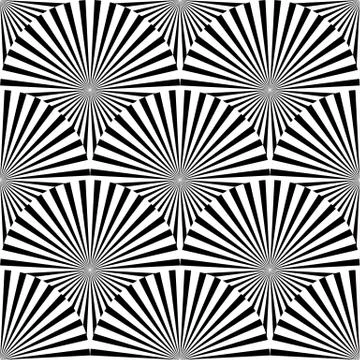 Geometric monochrome pattern with overlapping circles containing radial, radi Stock Illustration