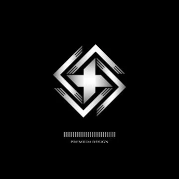 Geometric Monogram logo. Abstract silver swastika in trendy style. Monochrome Stock-Illustration