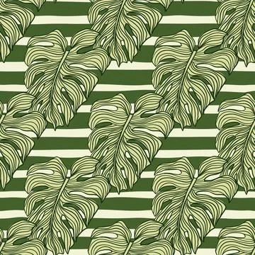 Geometric monstera leaf seamless pattern on stripes background. Modern tropic Illustrazione stock