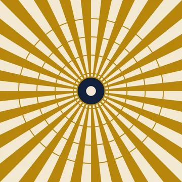 Geometric mosaic sunburst pattern with central blue circle on golden yellow.. Stock Illustration