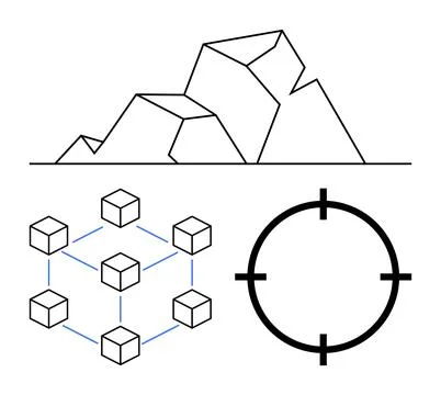 Geometric mountain peaks, cube network with blue lines, black target crosshai Stockillustratie