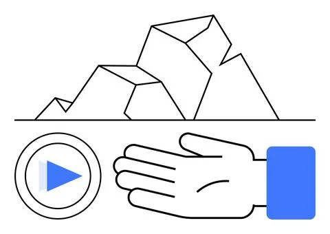Geometric mountains, play button, and hand with blue accents in a minimalisti Stock Illustration