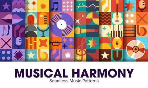 Geometric music seamless patterns set with tiles Illustrazione stock