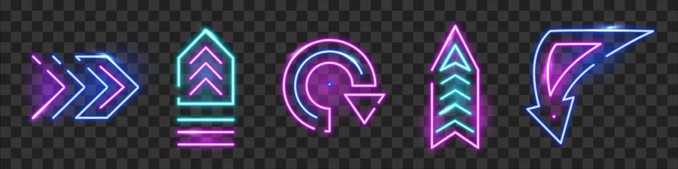 Geometric neon arrows pointers isolated set. Bright curves and rounded Stock Illustration