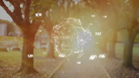 Geometric network and data points animation over park pathway with trees Video stock 304850946