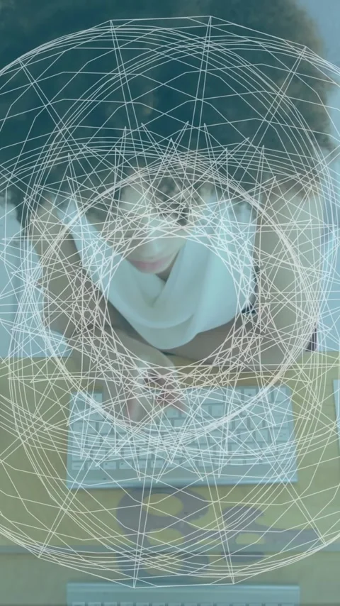 Geometric network animation over person working at desk with architectural tools Vídeo Stock 344370338