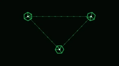 A geometric network of three interconnected green glowing digital cube nodes Stockbeeldmateriaal 338309455