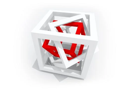 Geometric object: one red wire-frame cube inside of two white Stock Illustration