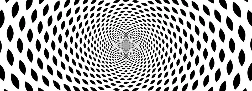 Geometric optical illusion background. Black and white hypnotic rotating ovals Stock Illustration