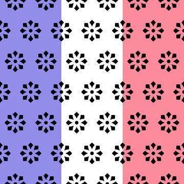 Geometric ornamental floral elements, vector seamless pattern. Blue, white, pink Stock Illustration