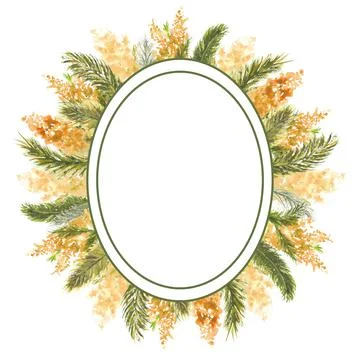 Geometric oval frame with Mimosa branches on the outer edge on a white isolated Stock Illustration