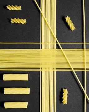Geometric Pasta Composition on Black Background Stock Photos