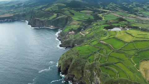 Geometric patchwork fields meeting rugged Atlantic coastline in Azores 스톡 동영상 329001836