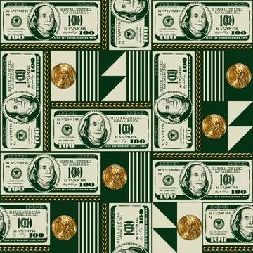 Geometric pattern with 100 dollar bills, coins Stock Illustration