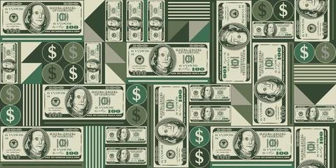 Geometric pattern with 100 dollar bills, simple geometric shapes, gold chains Illustrazione stock