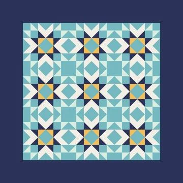 Geometric pattern art print with blue and mustard yellow accents, repeating p Stock-Illustration