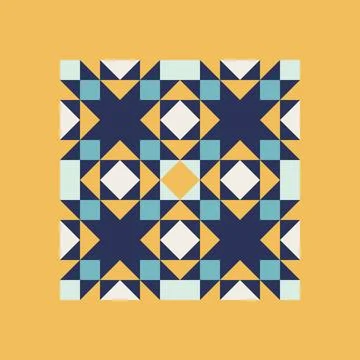Geometric pattern art print with blue and mustard yellow accents, repeating p Stock-Illustration