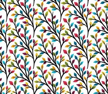 Geometric Pattern Branch and Leaves (Multicolored Leaves, White Background)) Stock Illustration