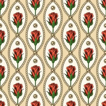 Geometric pattern with buds of roses, gold chains Stock Illustration