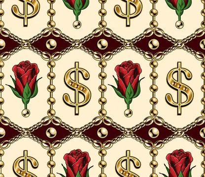 Geometric pattern with chains, dollar sign, roses Stock Illustration