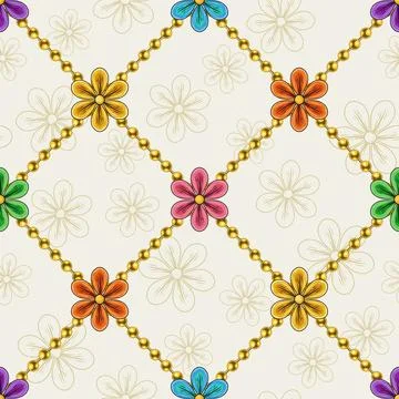 Geometric pattern with chamomile flowers, beads Stock Illustration